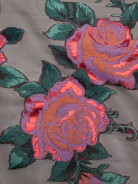 Metallic Space Cherry, Chinese Violet and Rain Forest Floral Luxury Organza Jacquard Metallic Space Cherry, Chinese Violet and Rain Forest Floral Luxury Organza Jacquard