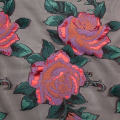 Metallic Space Cherry, Chinese Violet and Rain Forest Floral Luxury Organza Jacquard Metallic Space Cherry, Chinese Violet and Rain Forest Floral Luxury Organza Jacquard