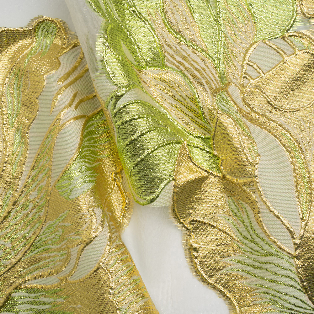 Metallic Lime, Gold and White Fantastic Flowers Luxury Burnout Brocade Metallic Lime, Gold and White Fantastic Flowers Luxury Burnout Brocade