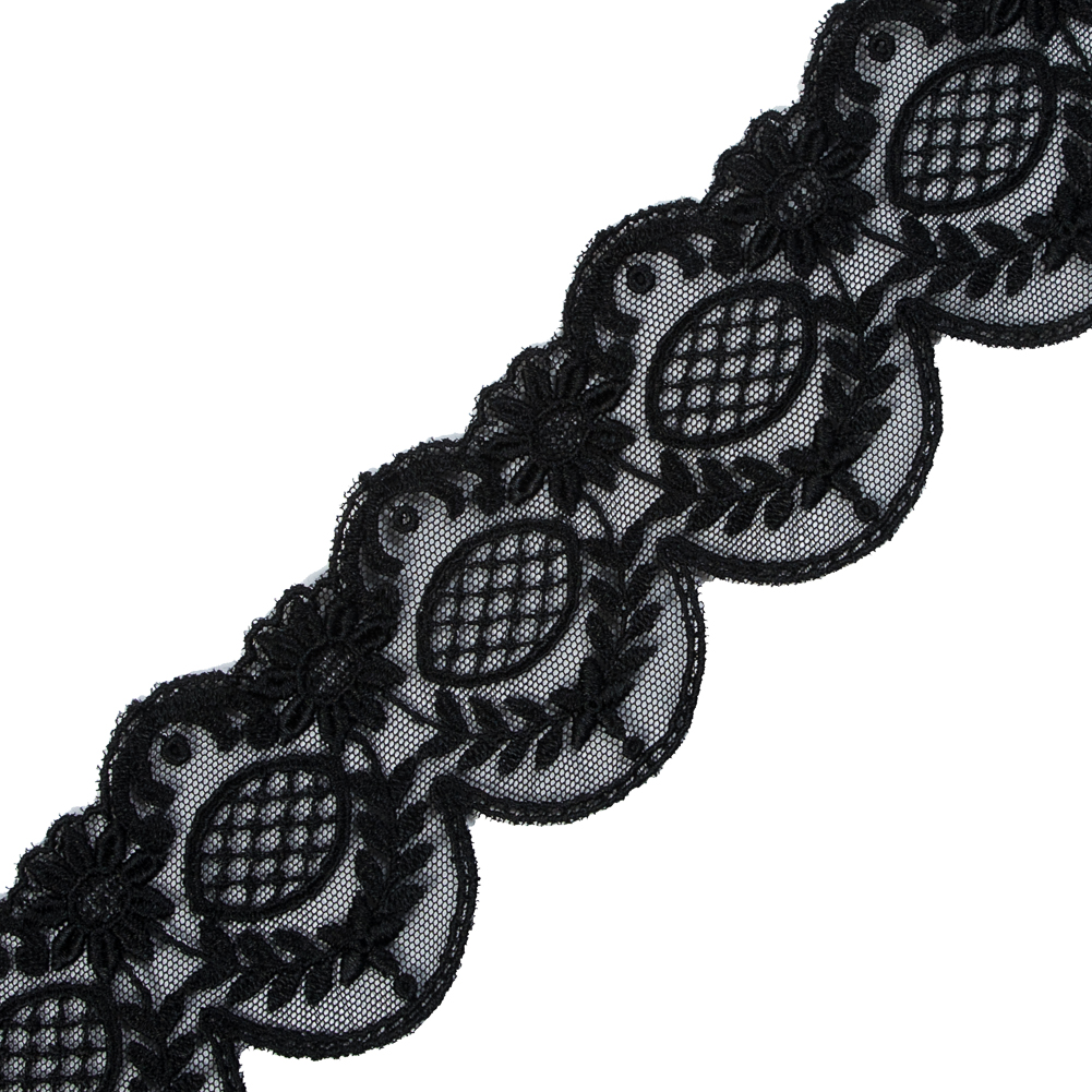 Black Scallop-Edged Embroidered Mesh - 2.5"