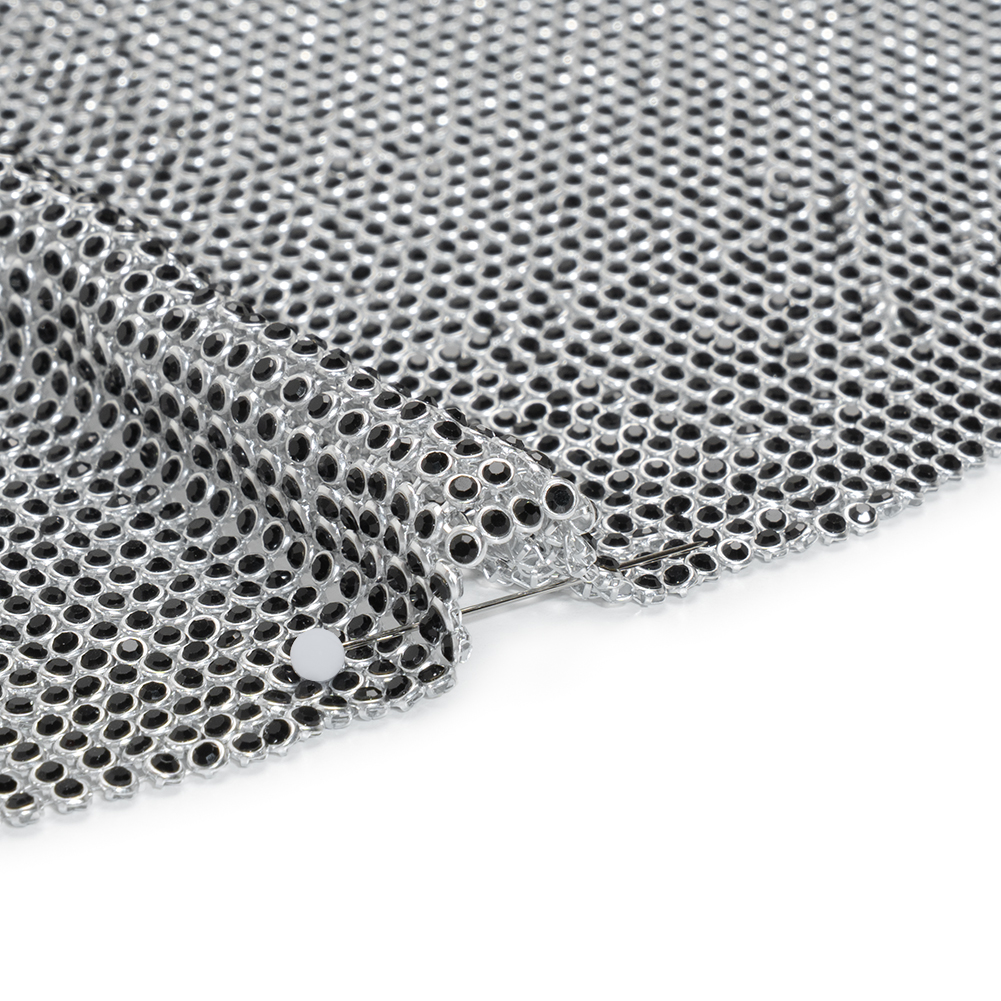 Rhinestone Aluminum Chainmail Fabric Panel, 3mm – Silver and Jet Black – Astraia Collection Rhinestone Aluminum Chainmail Fabric Panel, 3mm – Silver and Jet Black – Astraia Collection