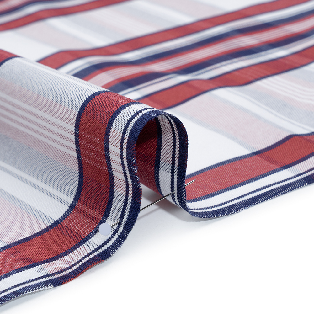 Cotton Oxford Shirting - White, Dark Blue and Wine Red Plaid - Deadstock