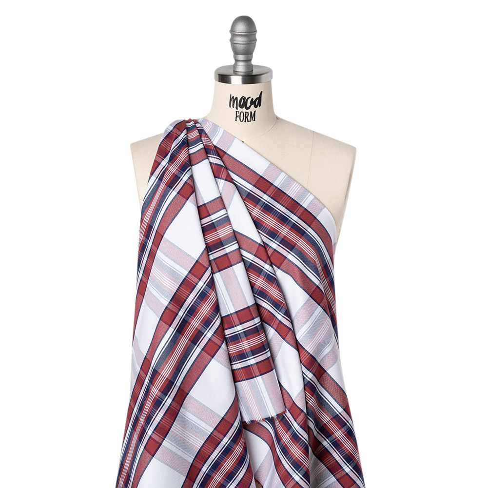 Cotton Oxford Shirting – White, Dark Blue and Wine Red Plaid – Deadstock Cotton Oxford Shirting – White, Dark Blue and Wine Red Plaid – Deadstock