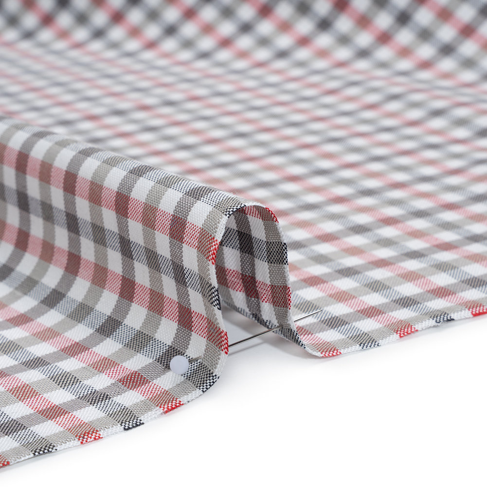 Cotton Oxford Shirting – Charcoal, Warm Gray and Red Checks – Deadstock Cotton Oxford Shirting – Charcoal, Warm Gray and Red Checks – Deadstock