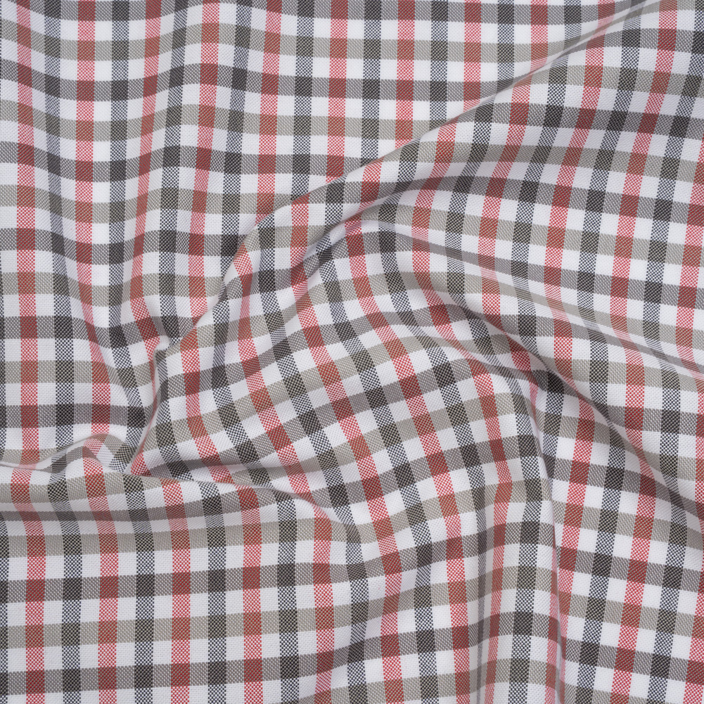 Cotton Oxford Shirting - Charcoal, Warm Gray and Red Checks - Deadstock