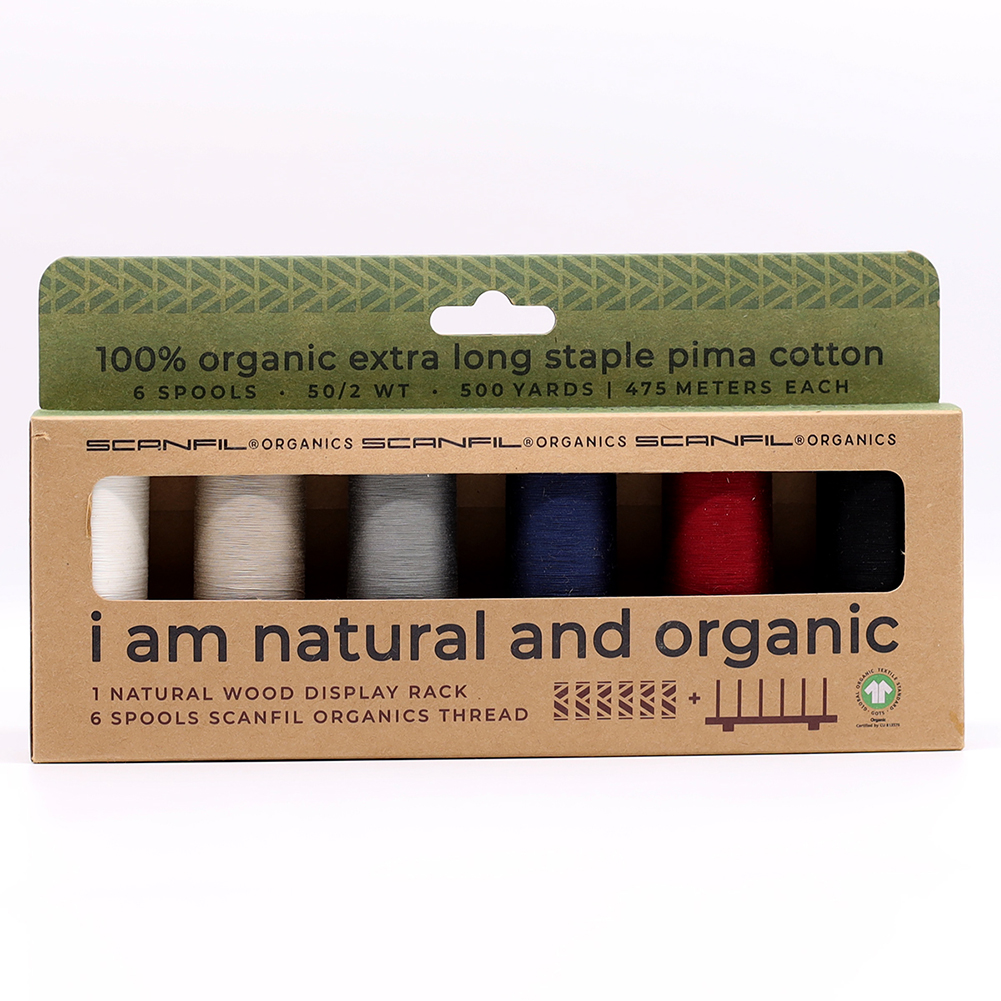 SCANFIL® 50wt Organic Pima Cotton Thread Set – 6ct 500yd Spools & Wood Rack – Neutrals SCANFIL® 50wt Organic Pima Cotton Thread Set – 6ct 500yd Spools & Wood Rack – Neutrals