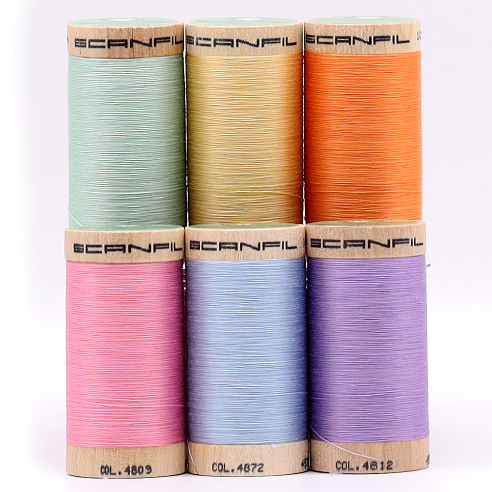 SCANFIL® 50wt Organic Pima Cotton Thread Set - 6ct 500yd Spools & Wood Rack - Pastels