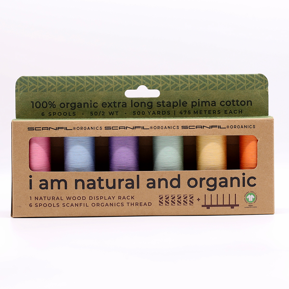 SCANFIL® 50wt Organic Pima Cotton Thread Set – 6ct 500yd Spools & Wood Rack – Pastels SCANFIL® 50wt Organic Pima Cotton Thread Set – 6ct 500yd Spools & Wood Rack – Pastels