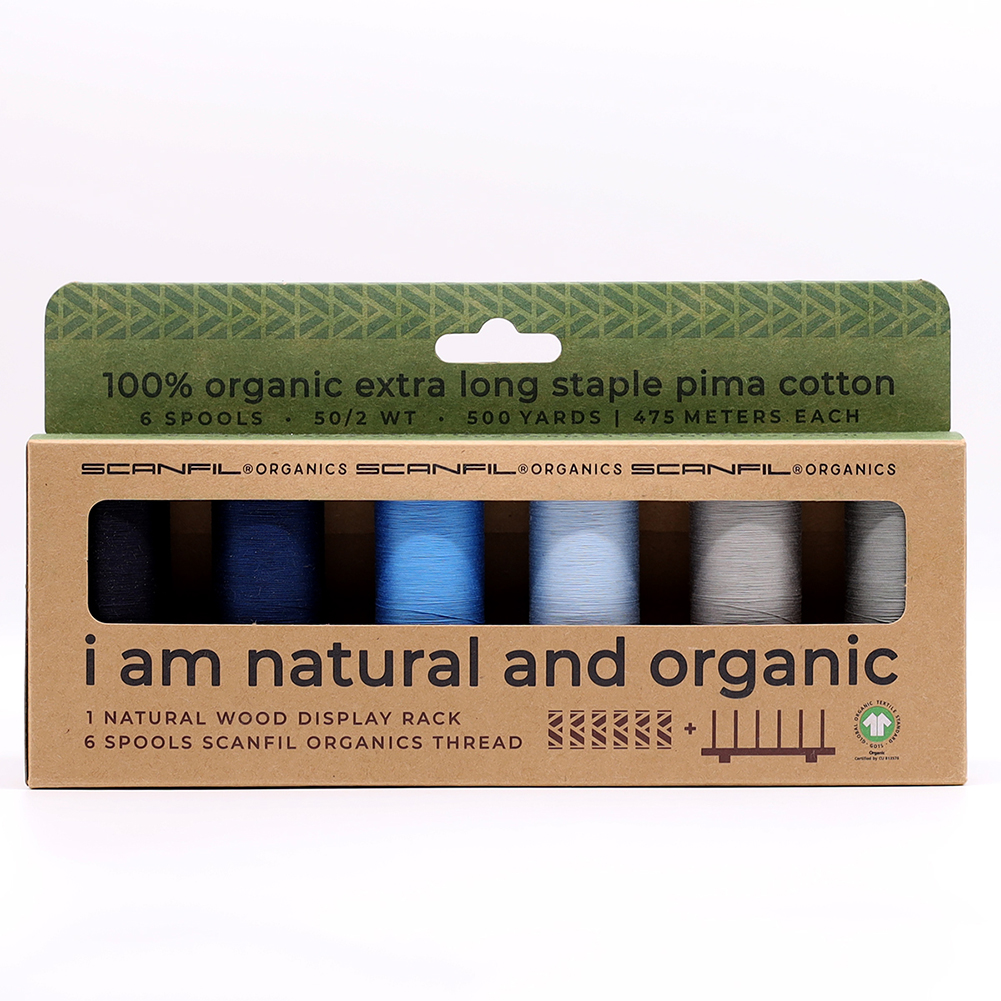SCANFIL® 50wt Organic Pima Cotton Thread Set – 6ct 500yd Spools & Wood Rack – Frosty Winter SCANFIL® 50wt Organic Pima Cotton Thread Set – 6ct 500yd Spools & Wood Rack – Frosty Winter