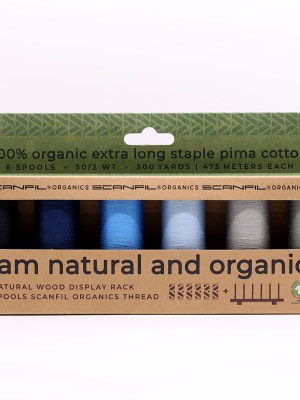SCANFIL® 50wt Organic Pima Cotton Thread Set – 6ct 500yd Spools & Wood Rack – Frosty Winter SCANFIL® 50wt Organic Pima Cotton Thread Set – 6ct 500yd Spools & Wood Rack – Frosty Winter