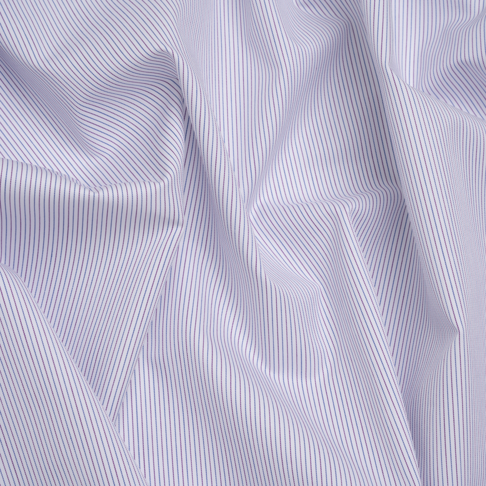 Cotton Twill Shirting - White, Blue and Purple Pinstripes - Deadstock