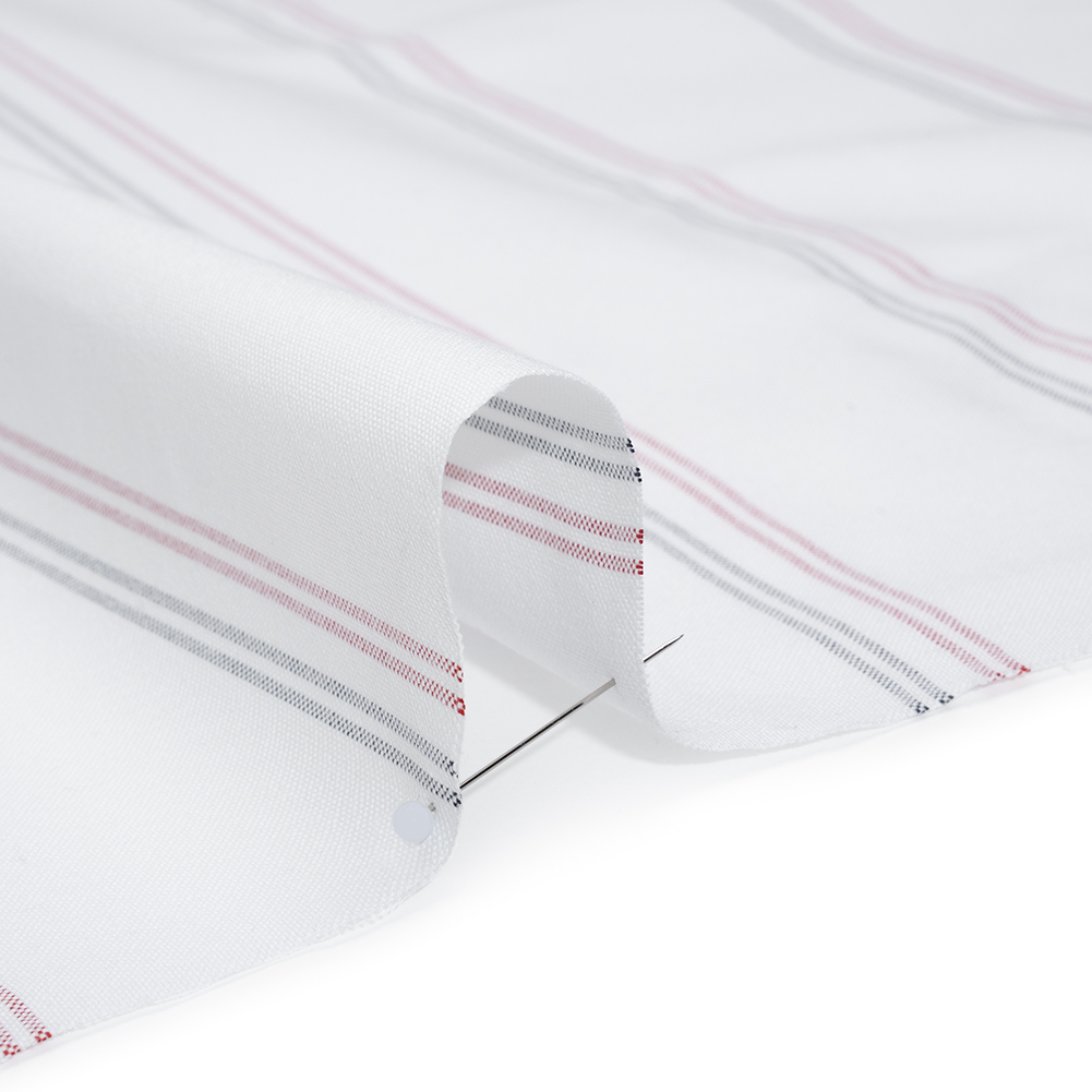 Cotton Oxford Shirting - White, Red and Navy Blue Paired Stripes - Deadstock