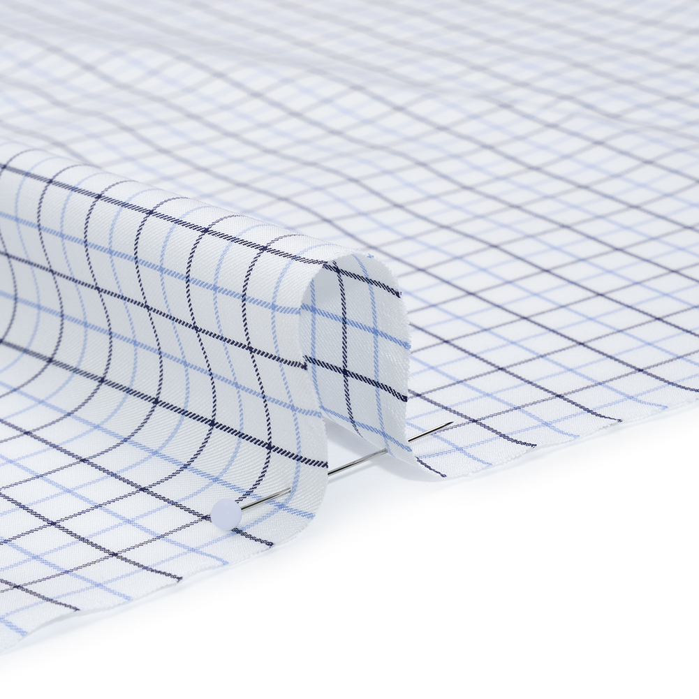 Cotton Twill Shirting - Sky Blue, Navy and White Tattersall Check - Designer Deadstock