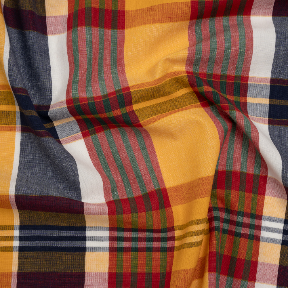 Rustic Cotton Shirting - Golden Yellow, Red and Navy Blue Plaid - Deadstock