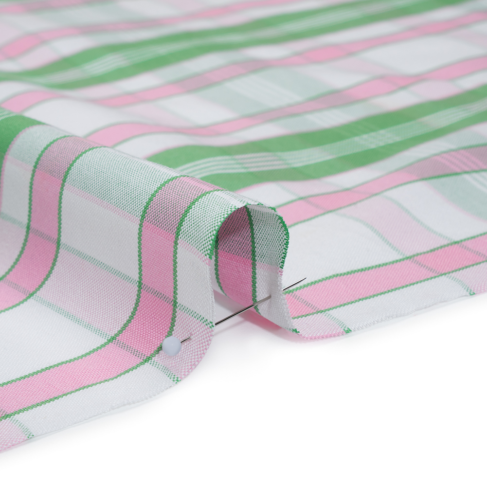 Cotton Oxford Shirting - Bubblegum Pink, Kelly Green and White Plaid - Deadstock