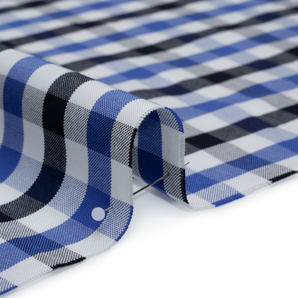 Cotton Oxford Shirting - Bright Blue, Midnight Navy and White Big Tattersall Check - Deadstock