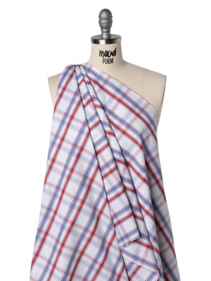 Cotton Oxford Shirting – Light Blue, Red and White Plaid – Deadstock Cotton Oxford Shirting – Light Blue, Red and White Plaid – Deadstock