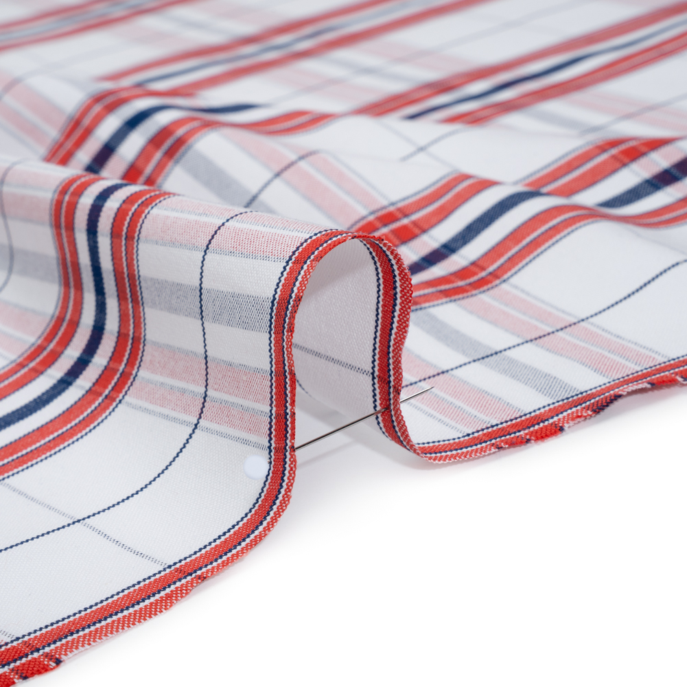 Cotton Oxford Shirting - Navy Blue, Red and White Plaid - Deadstock