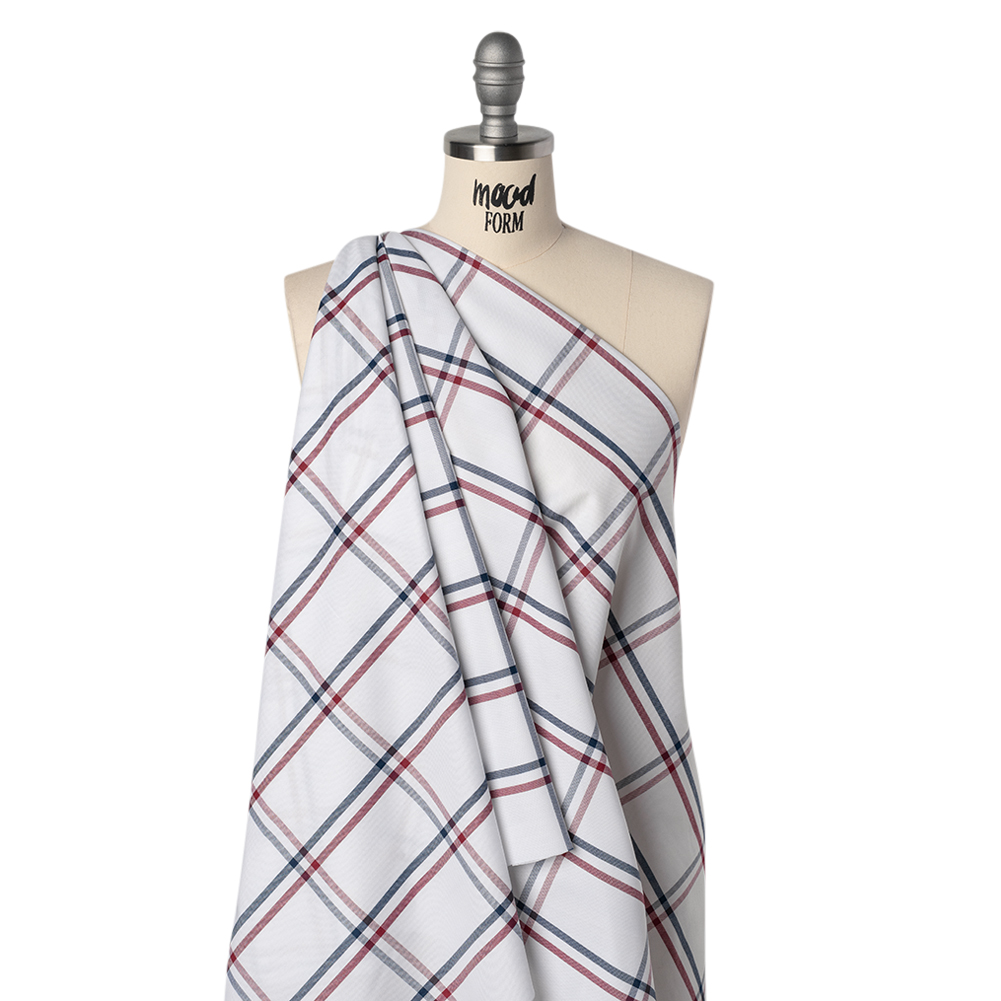 Cotton Oxford Shirting – White, Navy and Dark Red Open Plaid – Deadstock Cotton Oxford Shirting – White, Navy and Dark Red Open Plaid – Deadstock