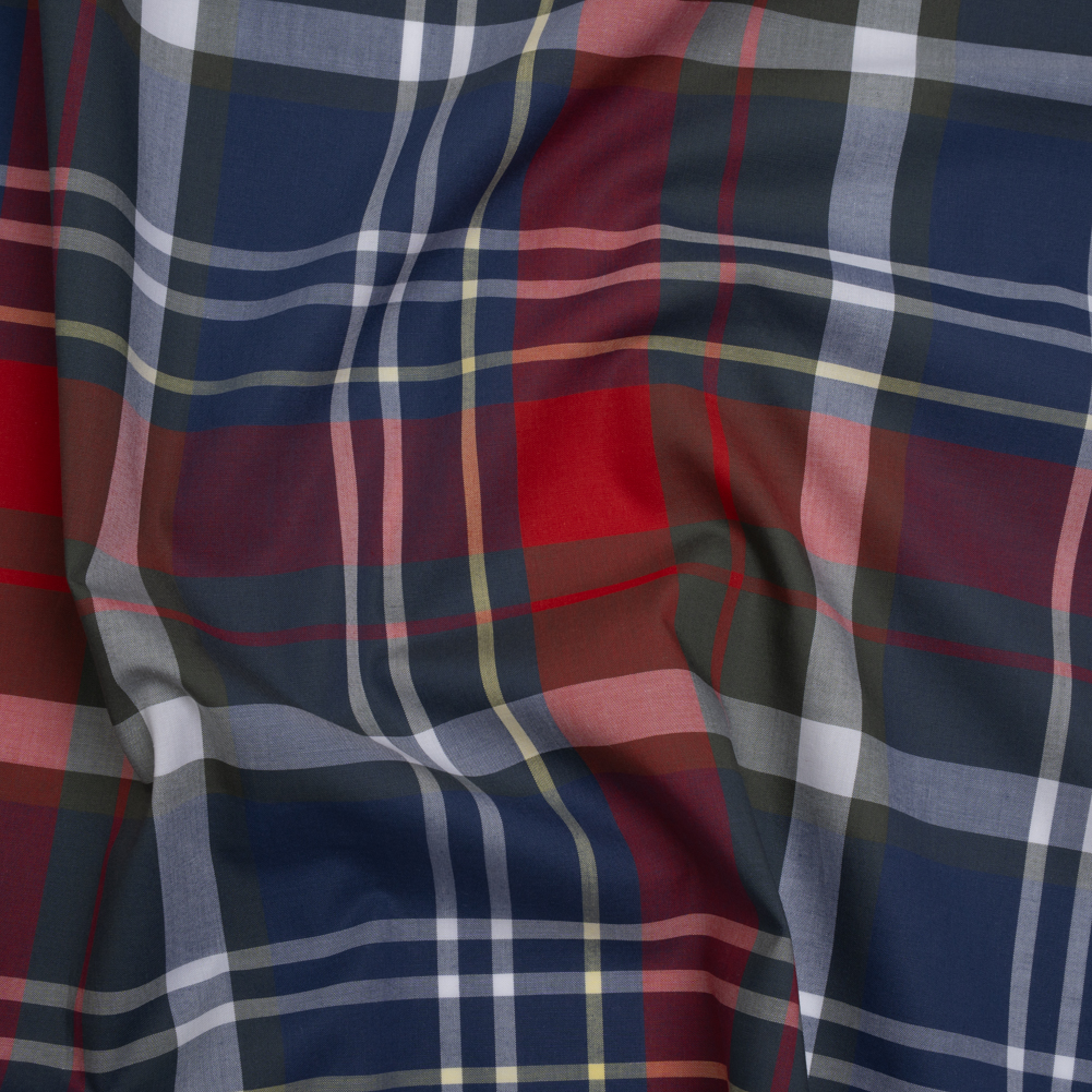 Cotton Shirting - Blue, Red and Olive Green Plaid - Designer Deadstock
