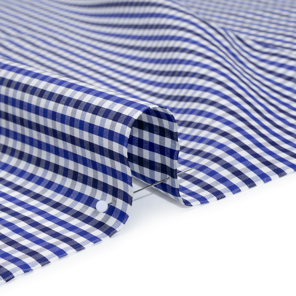 Cotton Shirting - Cobalt, Midnight Navy and White Tattersall Check - Designer Deadstock