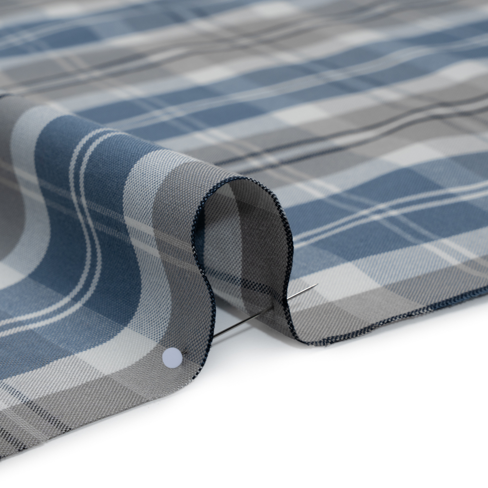 Cotton Oxford Shirting - Country Blue, Steel Gray and Midnight Plaid - Deadstock
