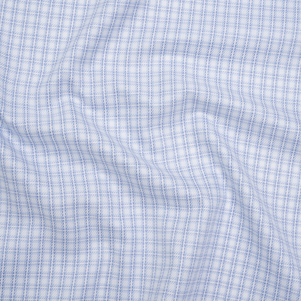 Cotton Twill Shirting – Sky, Medium Blue and White Checked Plaid – Deadstock Cotton Twill Shirting – Sky, Medium Blue and White Checked Plaid – Deadstock