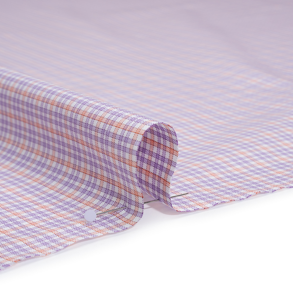 Cotton Twill Shirting – Light Purple, Peachy Orange and White Checks – Designer Deadstock Cotton Twill Shirting – Light Purple, Peachy Orange and White Checks – Designer Deadstock