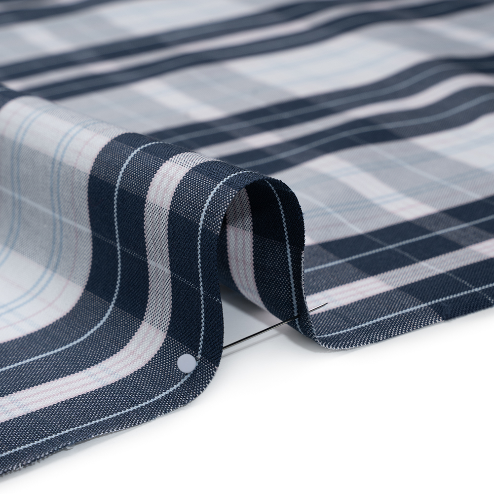 Cotton Oxford Shirting - Navy, Light Blue and Pale Pink Plaid - Deadstock