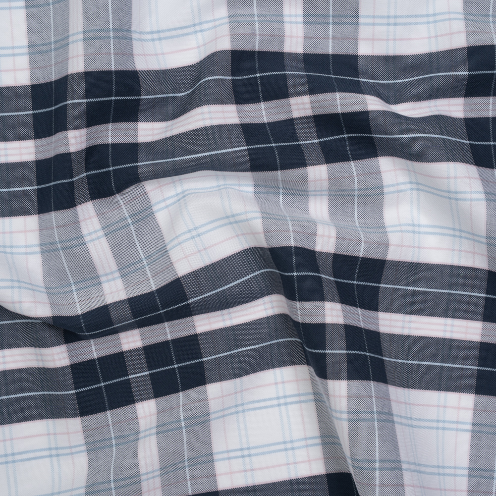 Cotton Oxford Shirting – Navy, Light Blue and Pale Pink Plaid – Deadstock Cotton Oxford Shirting – Navy, Light Blue and Pale Pink Plaid – Deadstock