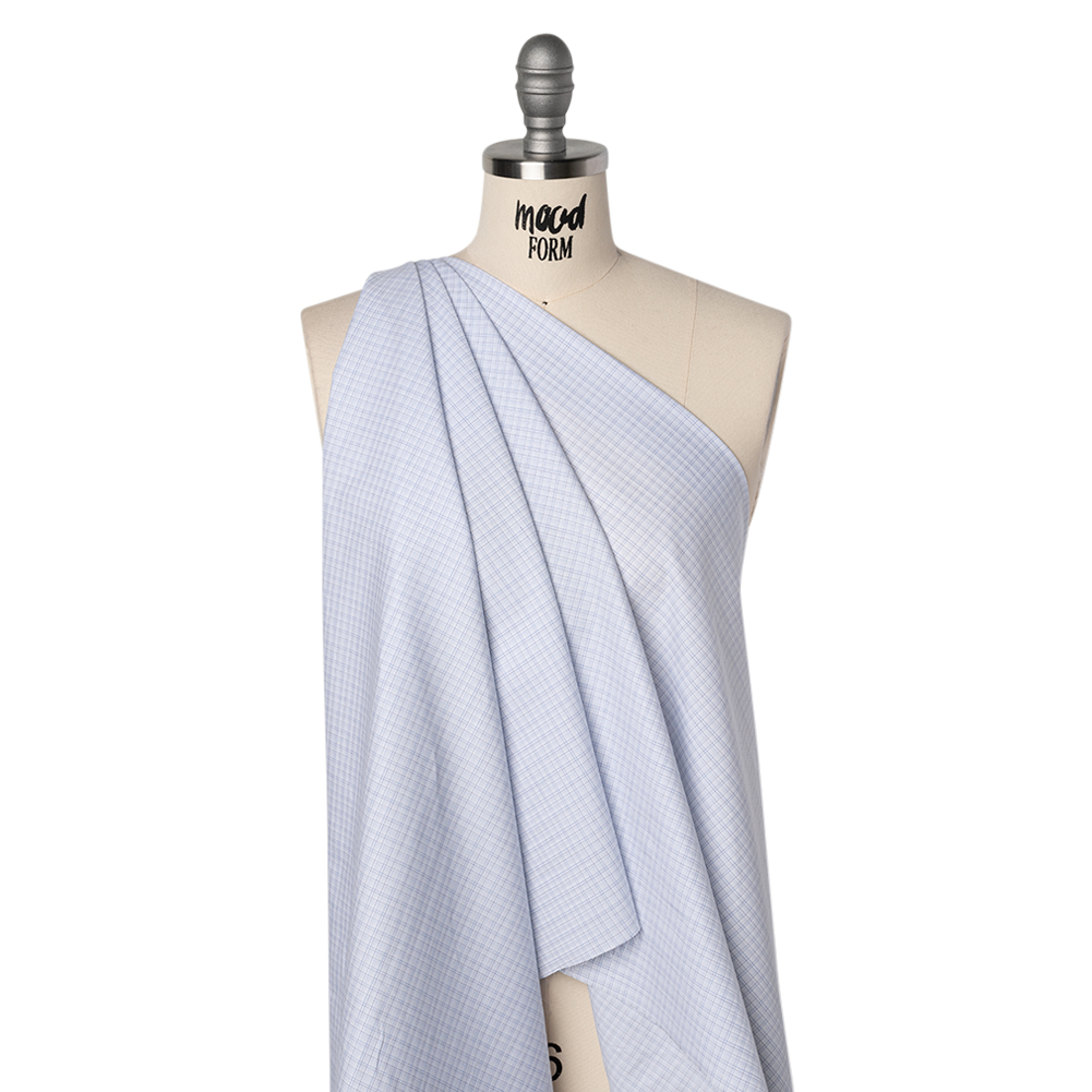 Cotton Twill Shirting – Pale Blue, Navy and White Plaid – Deadstock Cotton Twill Shirting – Pale Blue, Navy and White Plaid – Deadstock