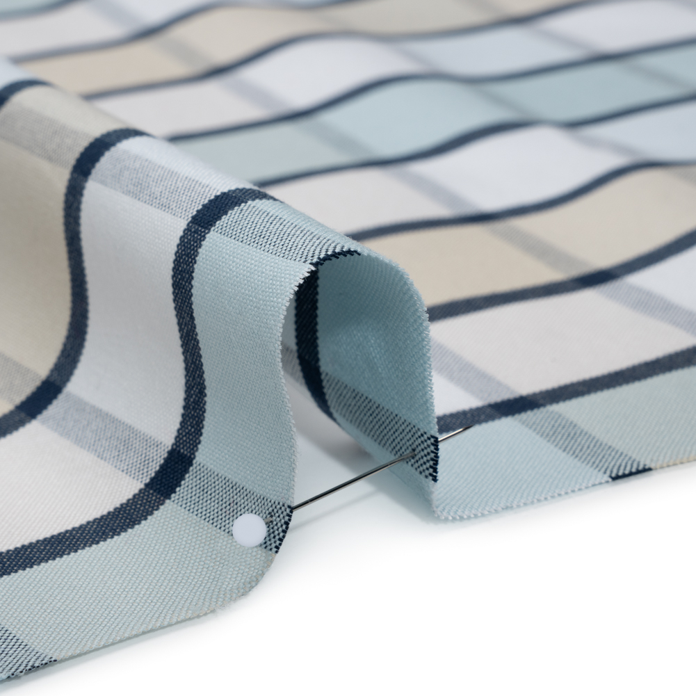 Cotton Oxford Shirting - Beige, Baby Blue and Navy Plaid - Deadstock