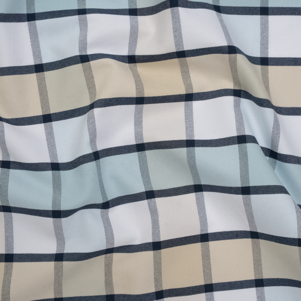 Cotton Oxford Shirting – Beige, Baby Blue and Navy Plaid – Deadstock Cotton Oxford Shirting – Beige, Baby Blue and Navy Plaid – Deadstock