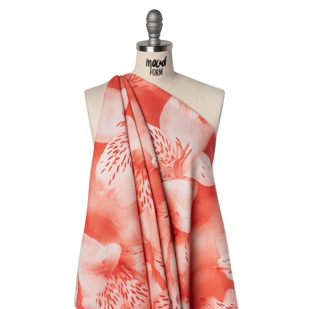 Linen and Rayon Woven - Coral Red and White Hazy Tiger Lilies Floral - Mood Exclusive Hazy Daze Print
