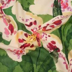 Linen and Rayon Woven – Green, Cream and Magenta Painterly Lilies – Mood Exclusive Petal Poesy Print Linen and Rayon Woven – Green, Cream and Magenta Painterly Lilies – Mood Exclusive Petal Poesy Print