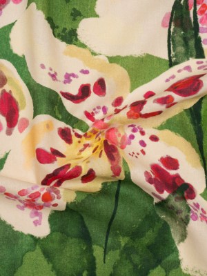 Linen and Rayon Woven – Green, Cream and Magenta Painterly Lilies – Mood Exclusive Petal Poesy Print Linen and Rayon Woven – Green, Cream and Magenta Painterly Lilies – Mood Exclusive Petal Poesy Print