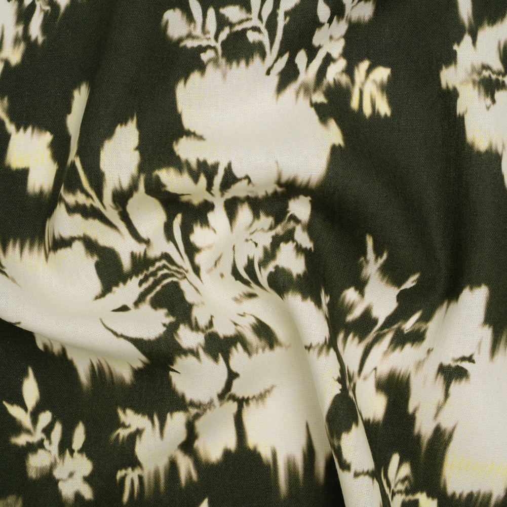 Linen and Rayon Woven – Forest Green and Off White Ikat-Like Floral Silhouettes – Mood Exclusive Dahlia Daydreams Print Linen and Rayon Woven – Forest Green and Off White Ikat-Like Floral Silhouettes – Mood Exclusive Dahlia Daydreams Print