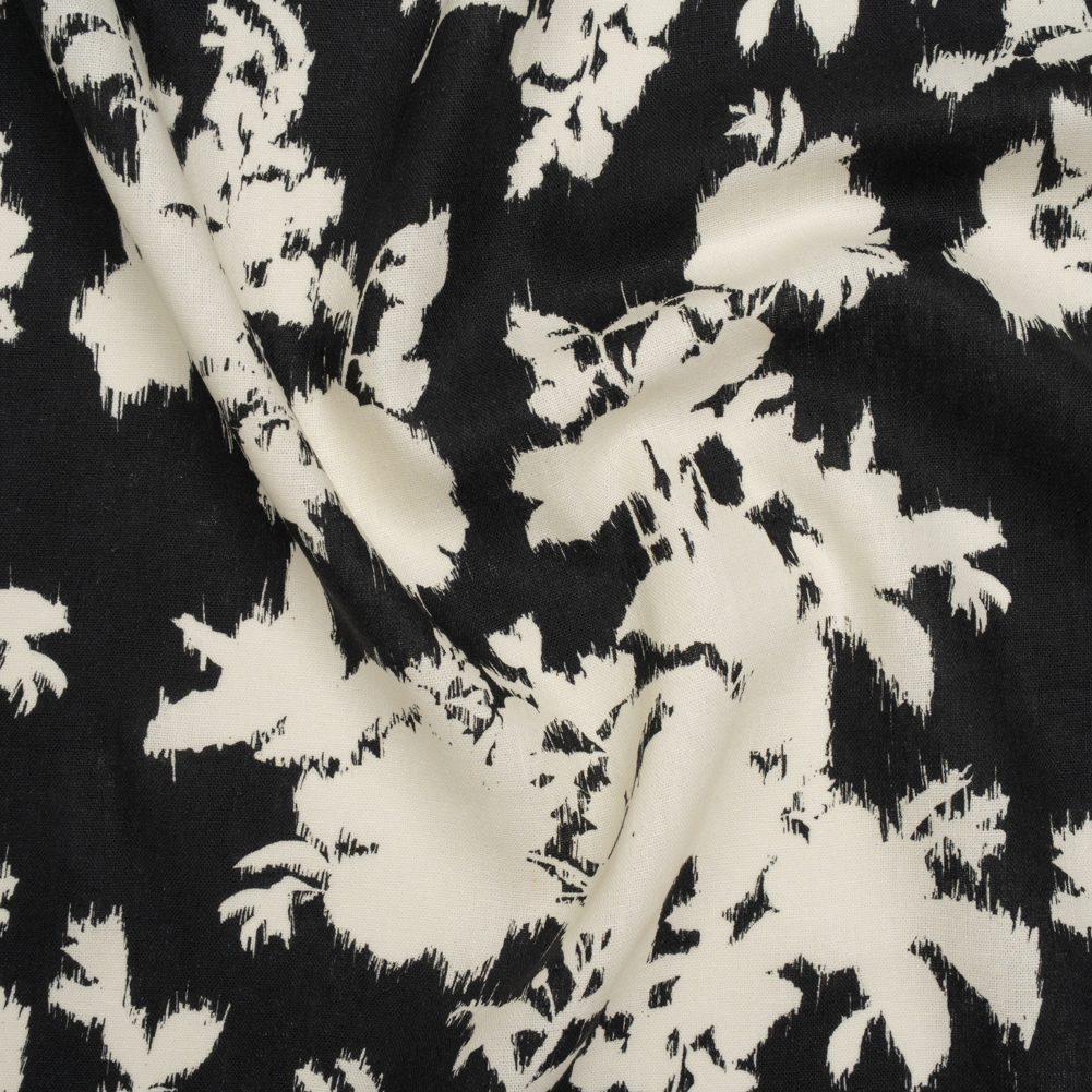 Linen and Rayon Woven – Black and Off White Ikat-Inspired Floral Silhouettes – Mood Exclusive Summer Sketches Print Linen and Rayon Woven – Black and Off White Ikat-Inspired Floral Silhouettes – Mood Exclusive Summer Sketches Print