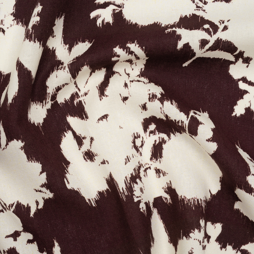 Linen and Rayon Woven - Grape Wine and Off White Ikat-Inspired Floral Silhouettes - Mood Exclusive Summer Sketches Print