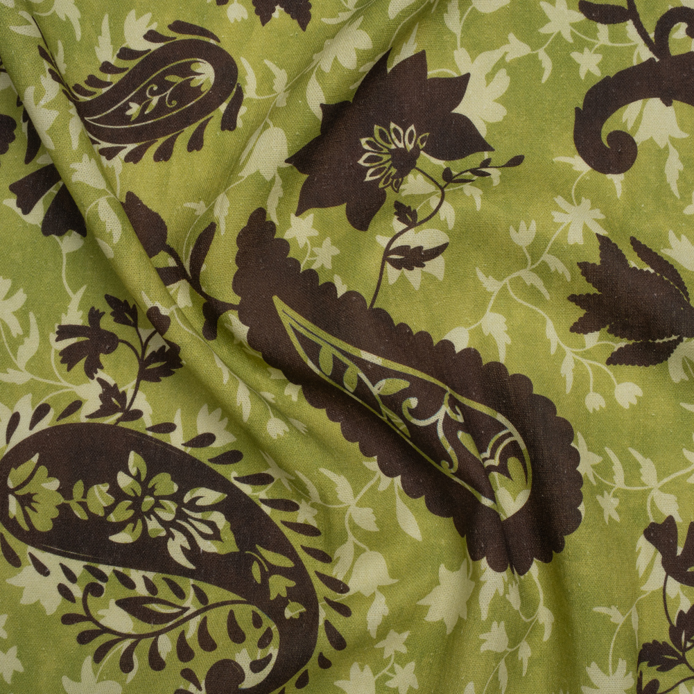 Linen and Rayon Woven – Kiwi Green and Dark Brown Paisley and Vines – Mood Exclusive Groovy Grove Print Linen and Rayon Woven – Kiwi Green and Dark Brown Paisley and Vines – Mood Exclusive Groovy Grove Print