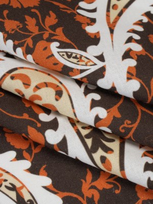 Linen and Rayon Woven – Dark Brown, Pumpkin Orange and White Paisley and Floral Vines – Mood Exclusive Blooming Boogie Print Linen and Rayon Woven – Dark Brown, Pumpkin Orange and White Paisley and Floral Vines – Mood Exclusive Blooming Boogie Print