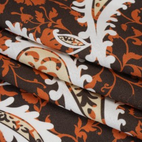 Linen and Rayon Woven – Dark Brown, Pumpkin Orange and White Paisley and Floral Vines – Mood Exclusive Blooming Boogie Print Linen and Rayon Woven – Dark Brown, Pumpkin Orange and White Paisley and Floral Vines – Mood Exclusive Blooming Boogie Print