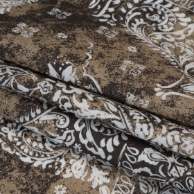 Linen and Rayon Woven – Dark Brown, Beige and White Floral Patches – Mood Exclusive Earthly Envy Print Linen and Rayon Woven – Dark Brown, Beige and White Floral Patches – Mood Exclusive Earthly Envy Print