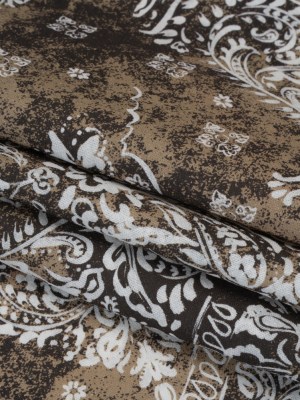 Linen and Rayon Woven – Dark Brown, Beige and White Floral Patches – Mood Exclusive Earthly Envy Print Linen and Rayon Woven – Dark Brown, Beige and White Floral Patches – Mood Exclusive Earthly Envy Print