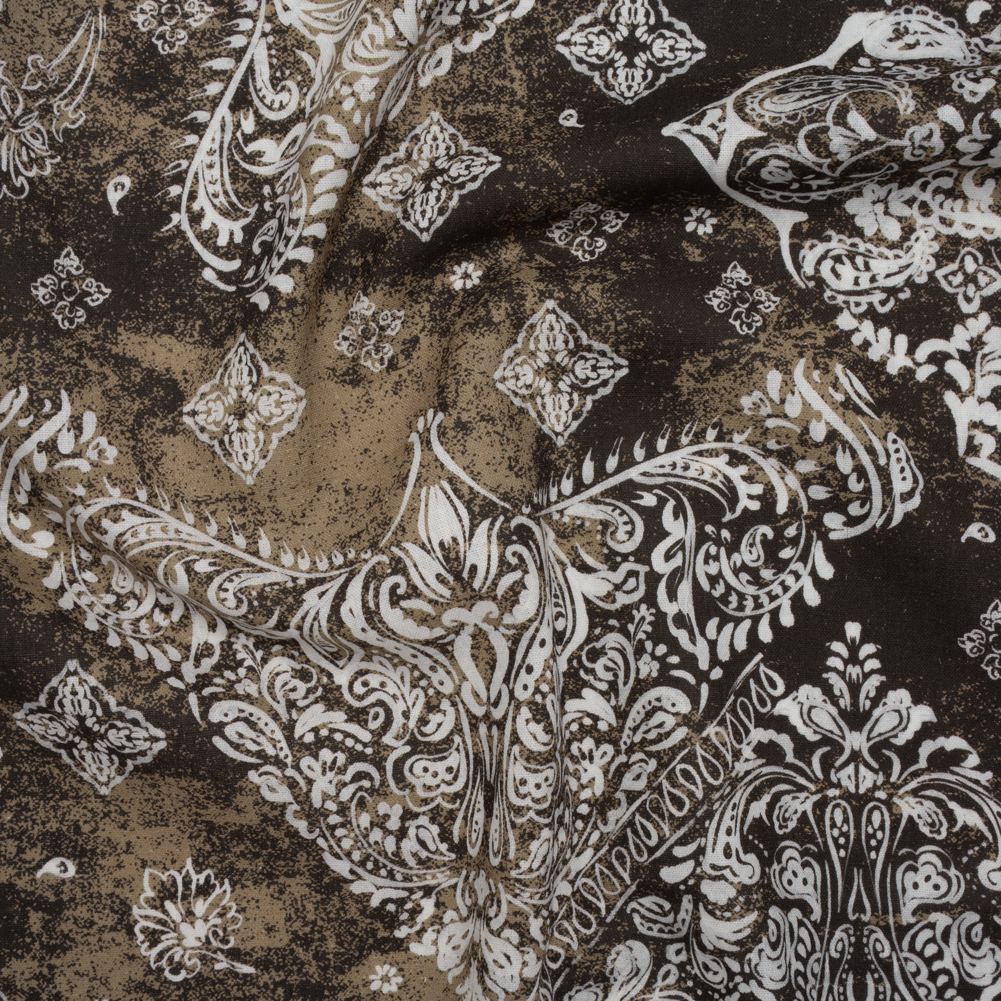 Linen and Rayon Woven – Dark Brown, Beige and White Floral Patches – Mood Exclusive Earthly Envy Print Linen and Rayon Woven – Dark Brown, Beige and White Floral Patches – Mood Exclusive Earthly Envy Print