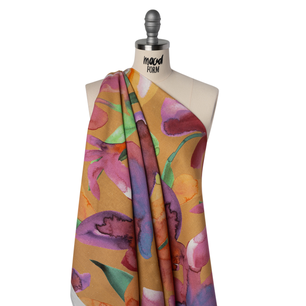Linen and Rayon Woven – Yellow Ochre, Pink and Purple Watercolor Florals – Mood Exclusive Watercolor Whimsy Print Linen and Rayon Woven – Yellow Ochre, Pink and Purple Watercolor Florals – Mood Exclusive Watercolor Whimsy Print