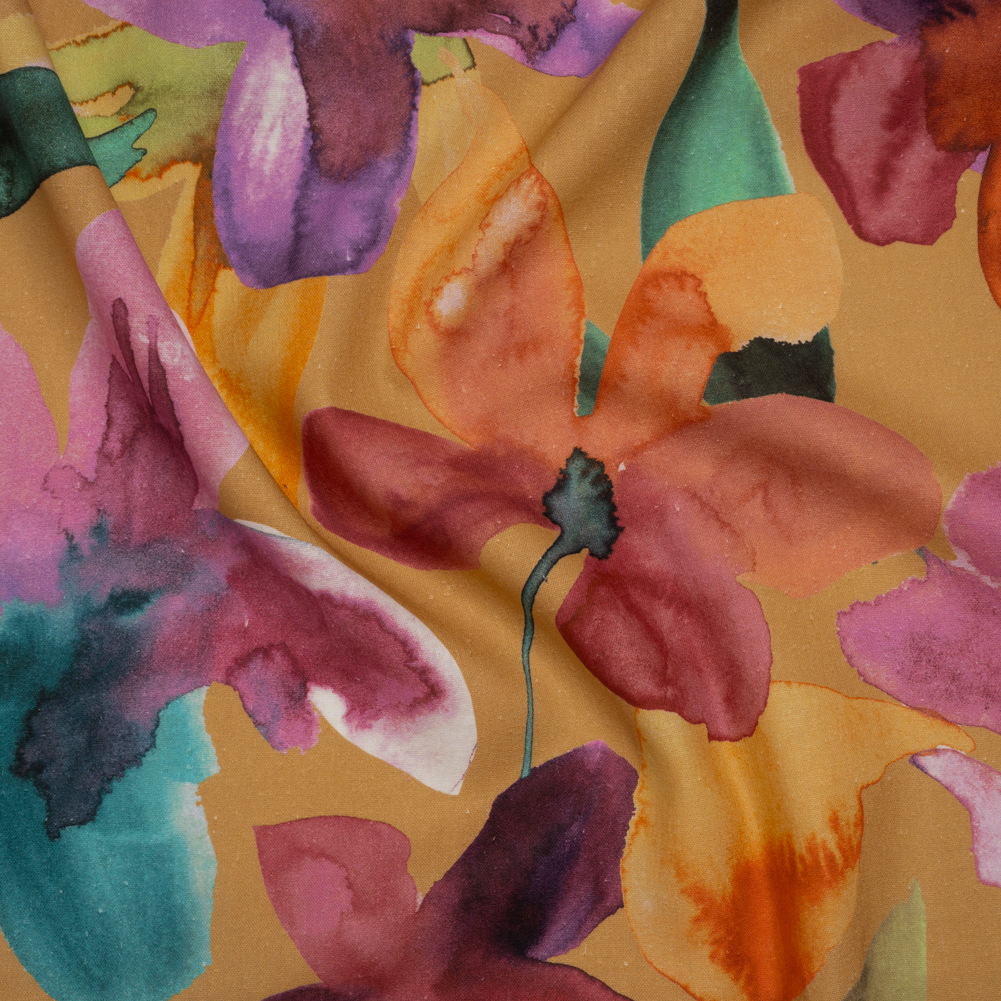 Linen and Rayon Woven - Yellow Ochre, Pink and Purple Watercolor Florals - Mood Exclusive Watercolor Whimsy Print