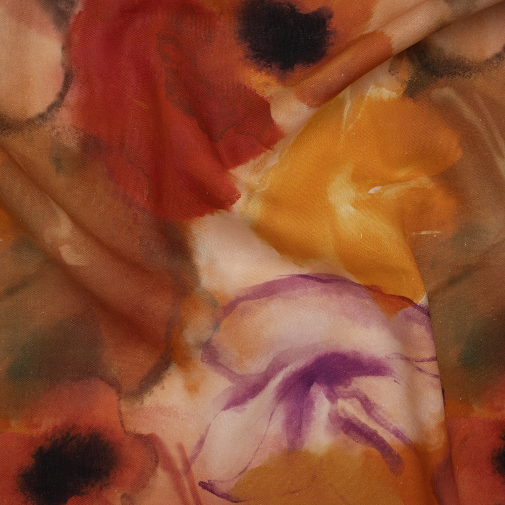 Linen and Rayon Woven – Golden Orange, Red and Purple Soft Flowers – Mood Exclusive Drifting Dreams Print Linen and Rayon Woven – Golden Orange, Red and Purple Soft Flowers – Mood Exclusive Drifting Dreams Print
