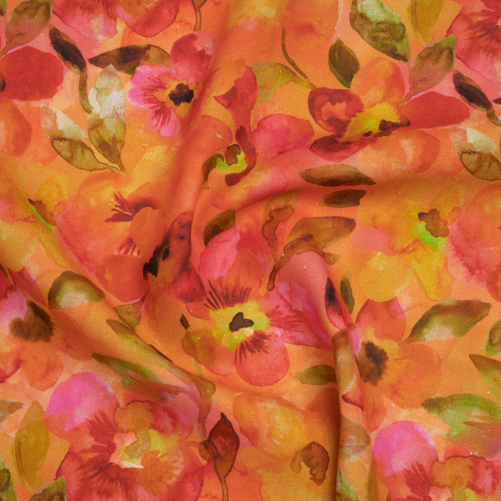 Linen and Rayon Woven – Orange, Pink and Olive Green Watercolor Flowers – Mood Exclusive Pick Your Posy Print Linen and Rayon Woven – Orange, Pink and Olive Green Watercolor Flowers – Mood Exclusive Pick Your Posy Print