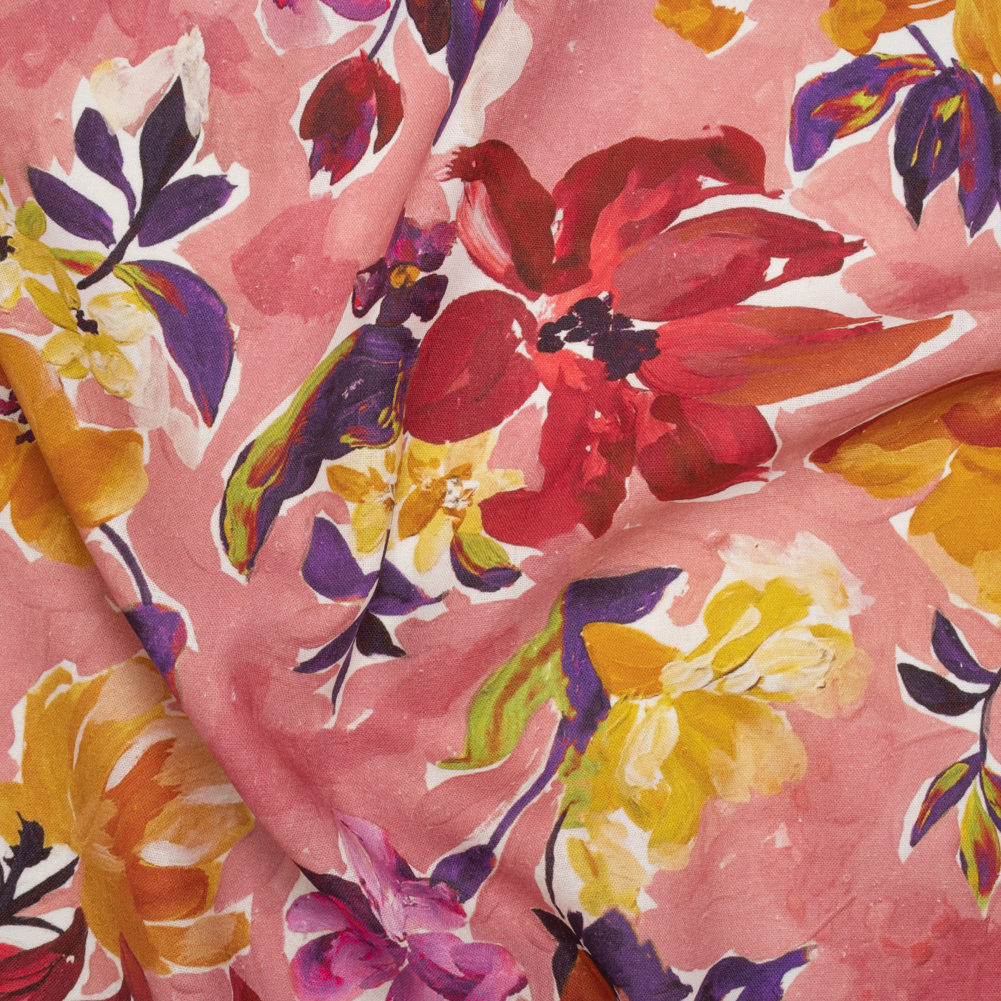 Linen and Rayon Woven - Dusty Rose, Golden Yellow and Dark Purple Painted Flowers - Mood Exclusive Brushstroke Blooms Print